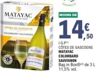 I.G.P Côtes de Gascogne MATAYAC COLOMBARD SAUVIGNON Bag in Box de 3 L