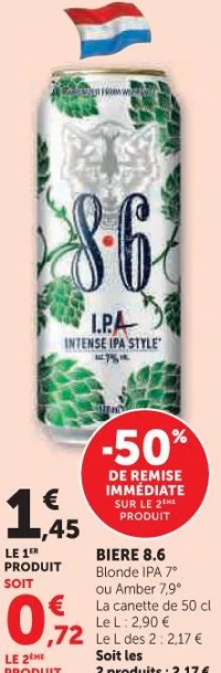 BIERE 8.6 Blonde IPA 7° ou Amber 7.9°