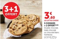 3 COOKIES + 1 OFFERT Double chocolat, triple chocolat ou chocolat blanc framboise