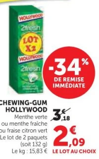 CHEWING-GUM HOLLYWOOD Menthe verte ou menthe fraîche ou fraise citron vert Le lot de 2 paquets