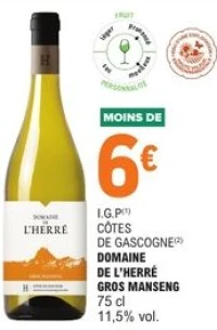I.G.P CÔTES DE GASCOGNE DOMAINE DE L'HERRÉ GROS MANSENG