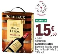 A.O.P BORDEAUX BARON DE LESTAC Élevé en fûts de chêne Bag in Box de 3 L