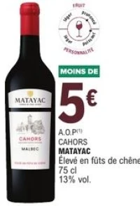 A.O.P CAHORS MATAYAC Élevé en fûts de chêne 75 cl