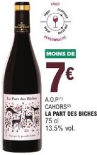 A.O.P CAHORS LA PART DES BICHES 75 cl