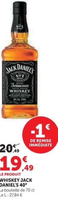 WHISKEY JACK DANIEL'S 40° La bouteille de 70 cl