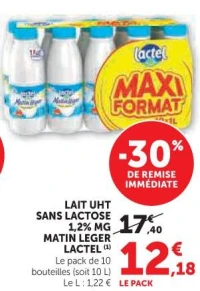 Lait UHT sans lactose Matin Léger Lactel