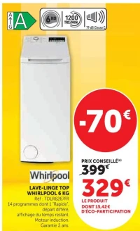 LAVE-LINGE TOP WHIRLPOOL 6 KG Réf : TDLR6267FR