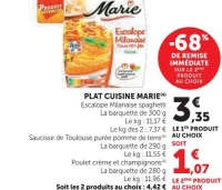 PLAT CUISINE MARIE (Escalope Milanaise spaghetti, Saucisse de Toulouse purée pomme de terre, Poulet crème et champignons)