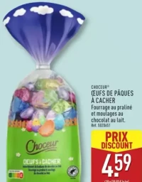 ŒUFS DE PÂQUES À CACHER Fourrage au praliné et moulages au chocolat au lait.