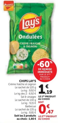 CHIPS LAY'S Crème fraîche et oignon, Sel & vinaigre ou Barbecue
