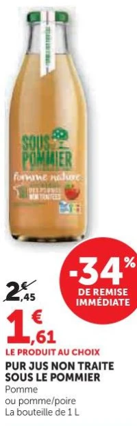 PUR JUS NON TRAITE SOUS LE POMMIER (Pomme ou pomme/poire)