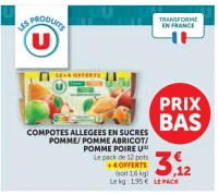 Compotes allégées en sucres Pomme / Pomme Abricot / Pomme Poire U