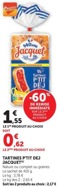 TARTINES P'TIT DEJ JACQUET Nature ou complet ou graines