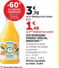 Jus Réfrigéré Format Spécial Innocent (Orange avec pulpe ou orange sans pulpe ou pomme)