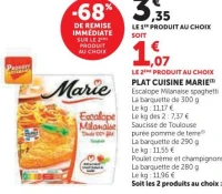 Plat cuisiné Marie (Escalope Milanaise spaghetti, Saucisse de Toulouse purée, Poulet crème et champignons)