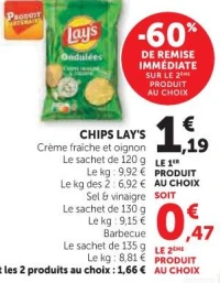 CHIPS LAY'S Ondulées (Crème fraîche et oignon, Sel & vinaigre ou Barbecue)