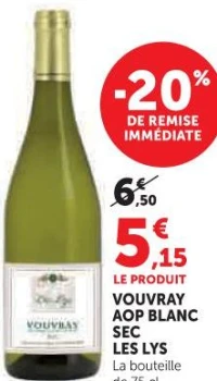 VOUVRAY AOP BLANC SEC LES LYS La bouteille de 75 cl
