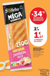 Sandwich Pain Moelleux Viennois Mega Sodebo Poulet rôti sauce kebab 270g
