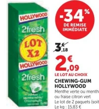 CHEWING-GUM HOLLYWOOD (Menthe verte ou menthe fraîche ou fraise citron vert)