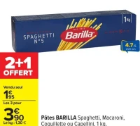 Pâtes BARILLA Spaghetti, Macaroni, Coquillette ou Capellini, 1 kg.