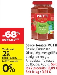 Sauce Tomate MUTTI Basilic, Parmesan, Olive, Légumes grillés et oignon rouge, Arrabbiata, Tomates ou Rouge, 400 g.