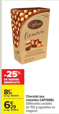 Chocolat aux noisettes CAFFAREL Diff rentes vari t s de 150 g signal es en magasin.