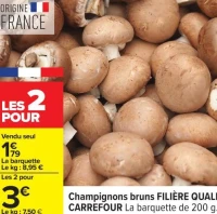 Champignons bruns FILI RE QUALIT  CARREFOUR La barquette de 200 g.