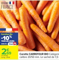 Carotte CARREFOUR BIO Cat gorie 2, calibre 20/50 mm. Le sachet de 1,5 kg.