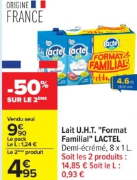 Lait U.H.T. "Format Familial" LACTEL Demi- cr m , 8 x 1 L.