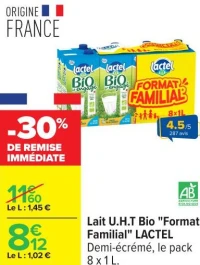 Lait U.H.T Bio "Format Familial" LACTEL Demi- cr m , le pack 8 x 1 L.