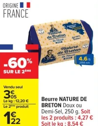 Beurre NATURE DE BRETON Doux ou Demi-Sel, 250 g.