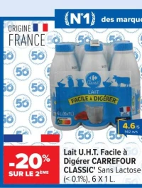 Lait U.H.T. Facile   Dig rer CARREFOUR CLASSIC' Sans Lactose (< 0.1%), 6 X 1 L.