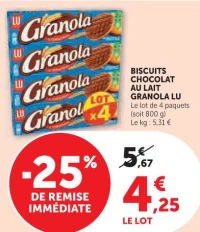 BISCUITS CHOCOLAT AU LAIT GRANOLA LU Le lot de 4 paquets
