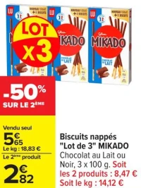 Biscuits napps "Lot de 3" MIKADO Chocolat au Lait ou Noir, 3 x 100 g.