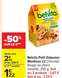 Belvita Petit Djeuner Moelleux LU Chocolat, Rouge ou choco noisette, 250 g.