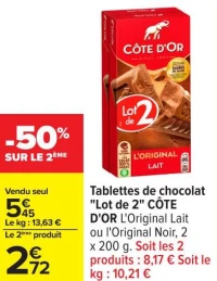 Tablettes de chocolat "Lot de 2" CÔTE D'OR L'Original Lait ou l'Original Noir, 2 x 200 g.