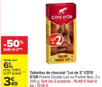 Tablettes de chocolat "Lot de 2" CÔTE D'OR Praliné Double Lait ou Praliné Noir, 2 x 200 g.