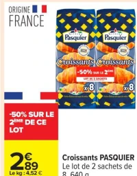 Croissants PASQUIER Le lot de 2 sachets de 8, 640 g.