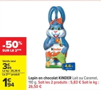 Lapin en chocolat KINDER Lait ou Caramel