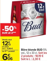 Bière blonde BUD 5% vol., 12 x 33 cl.