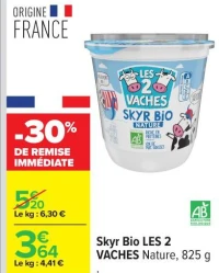 Skyr Bio LES 2 VACHES Nature, 825 g
