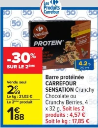 Barre protéinée CARREFOUR SENSATION Crunchy Chocolate ou Crunchy Berries, 4 x 32 g.