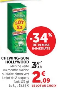Chewing-gum Hollywood (Menthe verte, fraiche ou fraise citron vert)