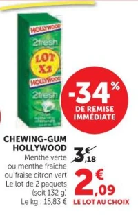 CHEWING-GUM HOLLYWOOD Menthe verte ou menthe fraîche ou fraise citron vert