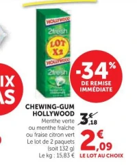 Chewing-gum Hollywood (Menthe verte, fraîche ou fraise citron vert)