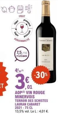 AOP VIN ROUGE MINERVOIS TERROIR DES SCHISTES LAURAN CABARET