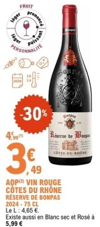 AOP(2) VIN ROUGE CÔTES DU RHÔNE RÉSERVE DE BONPAS