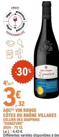 AOC(4) VIN ROUGE CÔTES DU RHÔNE VILLAGES CELLIER DES DAUPHINS "SIGNATURE"