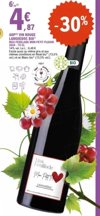 AOP VIN ROUGE LANGUEDOC BIO MAS FEUILLADE MON PETIT PLAISIR