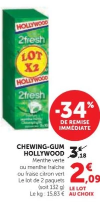 CHEWING-GUM HOLLYWOOD (Menthe verte, fraîche ou fraise citron vert)